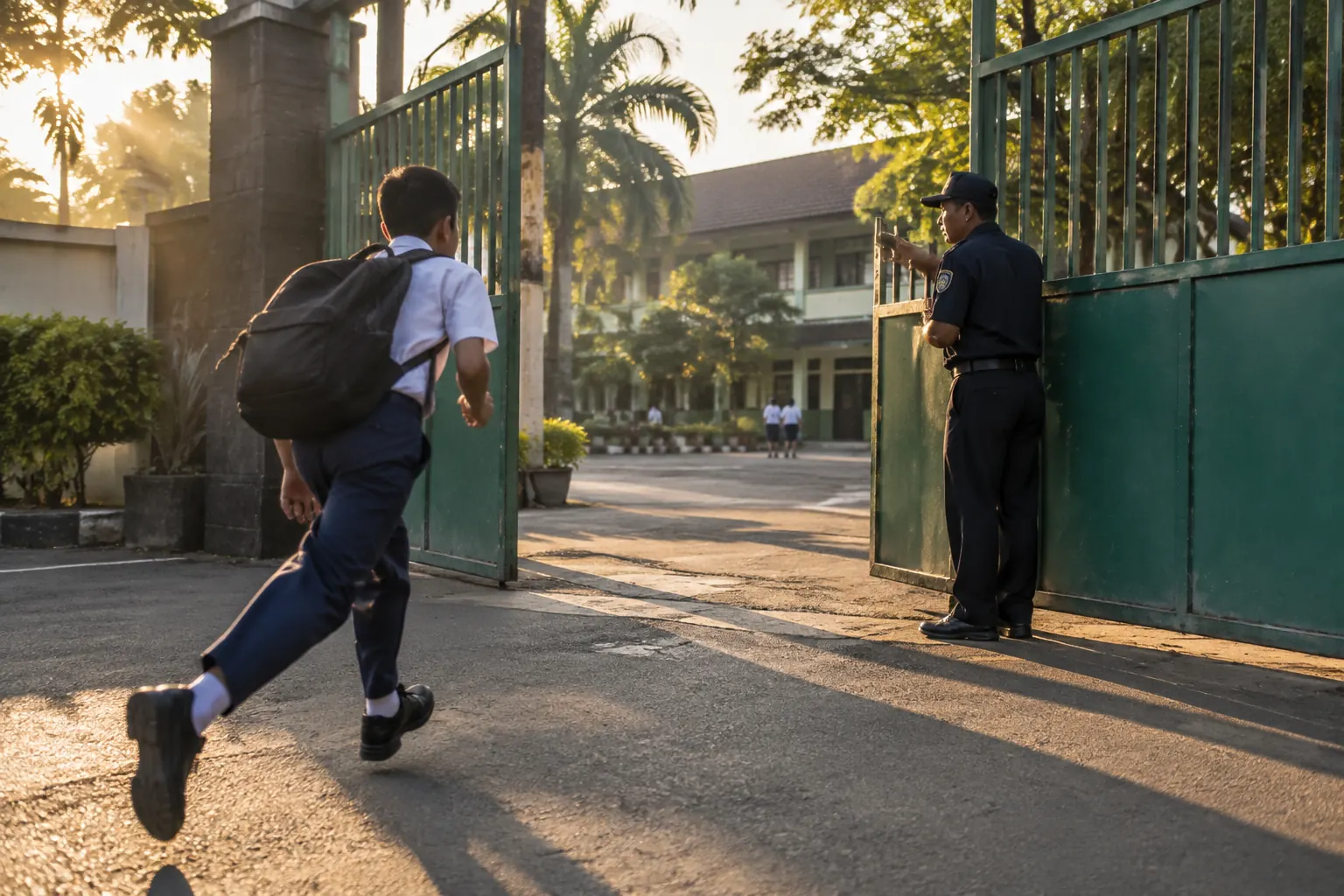 Seorang siswa SMP berseragam putih biru berlari menuju gerbang sekolah yang hampir ditutup satpam saat matahari pagi.